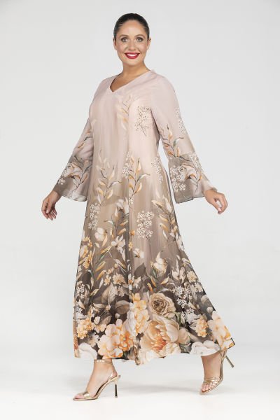 Çiçek Desenli Uzun Şifon Büyük Beden Kadın Elbise 3559