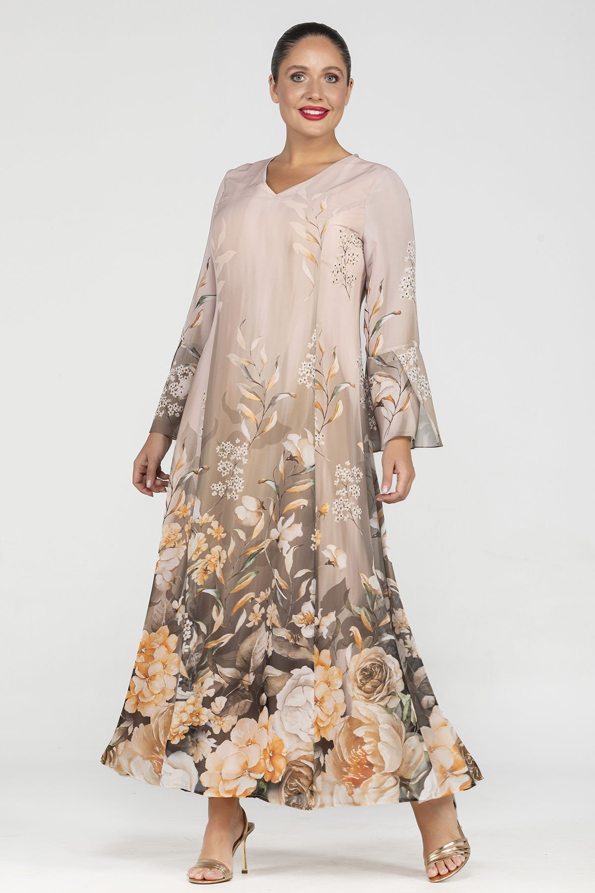 Çiçek Desenli Uzun Şifon Büyük Beden Kadın Elbise 3559