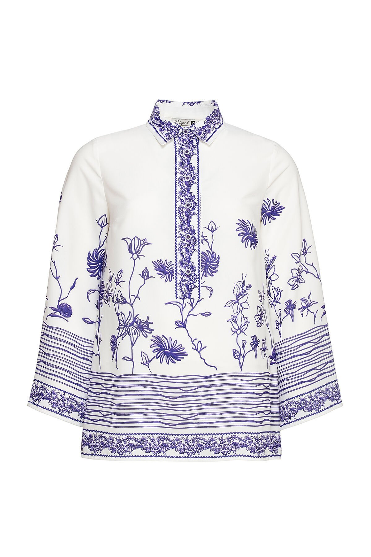 Nakış Desen Motifli Geniş Patlı Büyük Beden Kadın Gömlek 8931