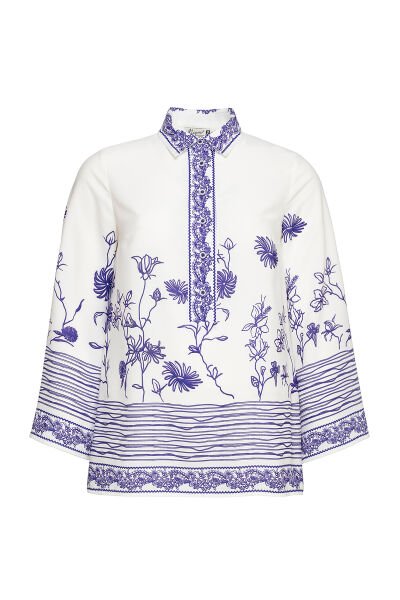 Nakış Desen Motifli Geniş Patlı Büyük Beden Kadın Gömlek 8931