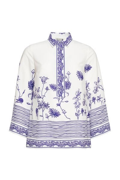 Nakış Desen Motifli Geniş Patlı Büyük Beden Kadın Gömlek 8931