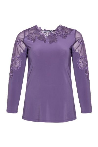 Yaka ve Kol Nakış Aplike ve Taş Detaylı Büyük Beden Bluz 8794