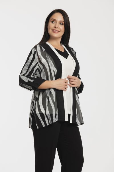 Desenli Şifon Ceketli Büyük Beden Kadın Takım 9001