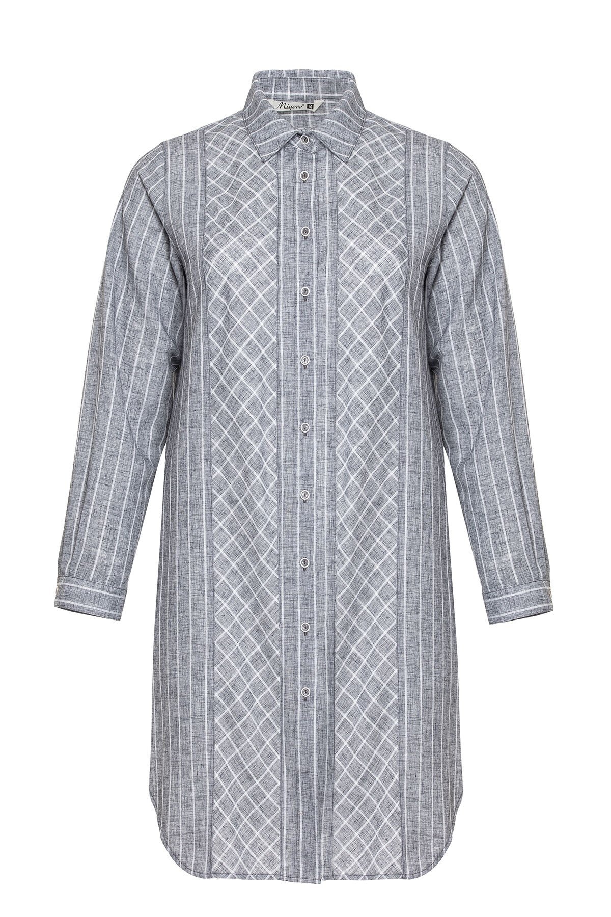 Kup ve Arka Robası Ekose Detaylı Çizgili Büyük Beden Kadın Tunik 8799E