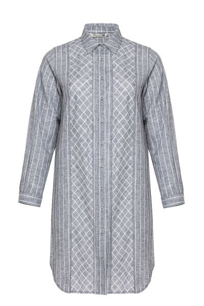 Kup ve Arka Robası Ekose Detaylı Çizgili Büyük Beden Kadın Tunik 8799E