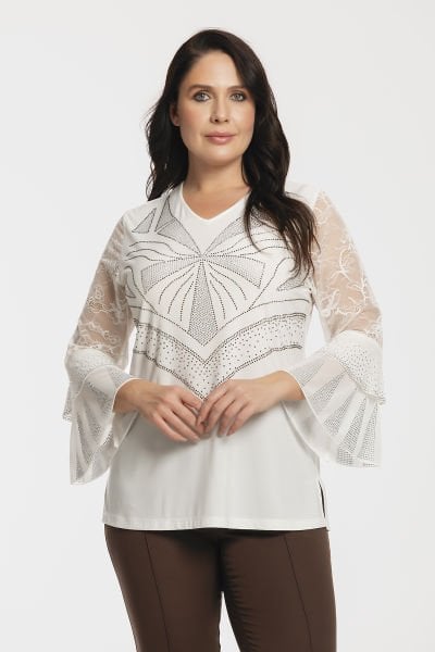 Dantel ve Volan Kollu Büyük Beden Taşlı Bluz 8984