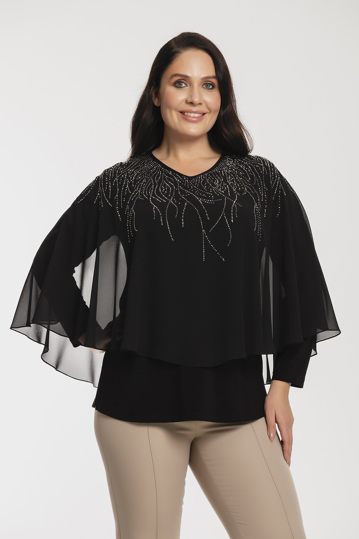 Pelerin ve Taş Detaylı Büyük beden Kadın Bluz 8996