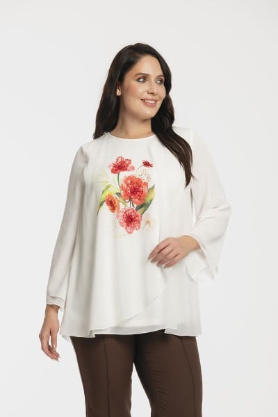 Önü Çiçek Baskılı Büyük Beden Şifon Bluz 8989