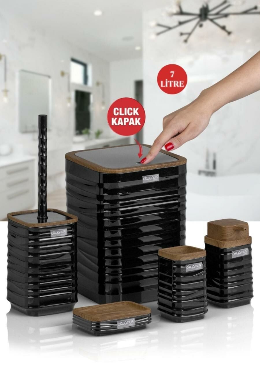 Okyanus Home Luna Siyah Ahşap Desenli Kare 5'li Banyo Seti
