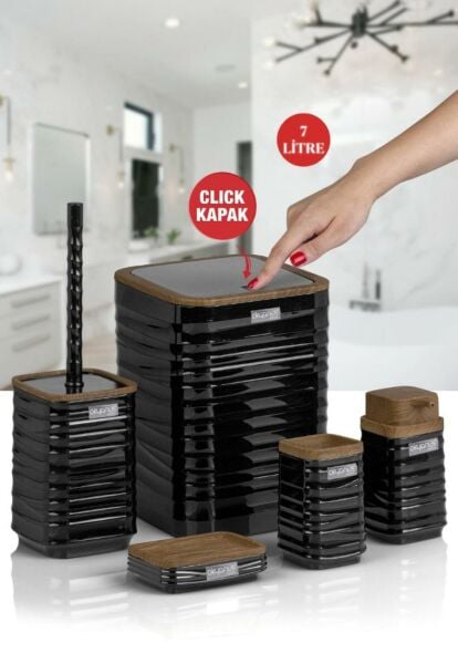 Okyanus Home Luna Siyah Ahşap Desenli Kare 5'li Banyo Seti