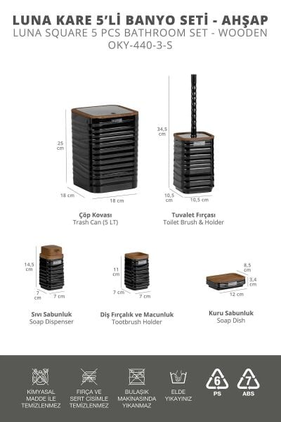 Okyanus Home Luna Siyah Ahşap Desenli Kare 5'li Banyo Seti