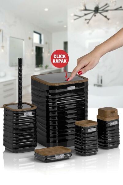 Okyanus Home Luna Siyah Ahşap Desenli Kare 5'li Banyo Seti