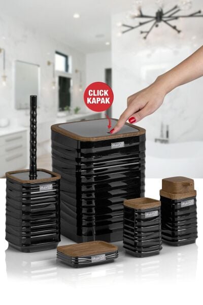 Okyanus Home Luna Siyah Ahşap Desenli Kare 5'li Banyo Seti