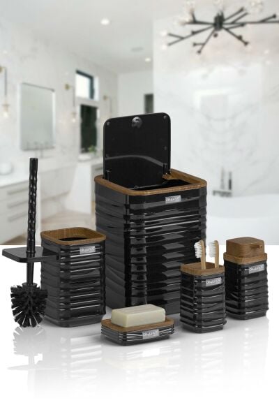 Okyanus Home Luna Siyah Ahşap Desenli Kare 5'li Banyo Seti