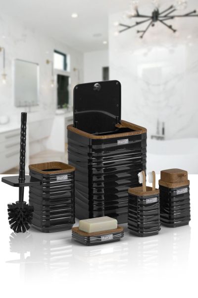 Okyanus Home Luna Siyah Ahşap Desenli Kare 5'li Banyo Seti