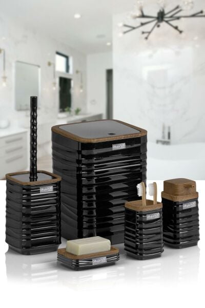 Okyanus Home Luna Siyah Ahşap Desenli Kare 5'li Banyo Seti