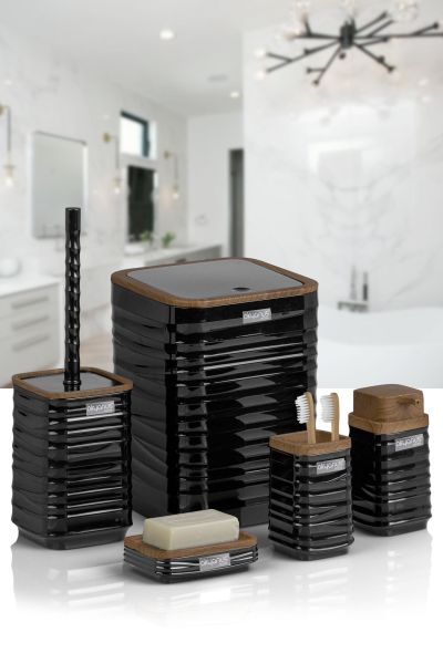 Okyanus Home Luna Siyah Ahşap Desenli Kare 5'li Banyo Seti