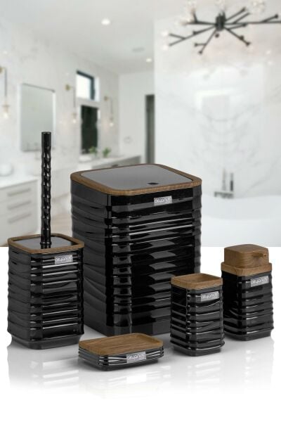 Okyanus Home Luna Siyah Ahşap Desenli Kare 5'li Banyo Seti