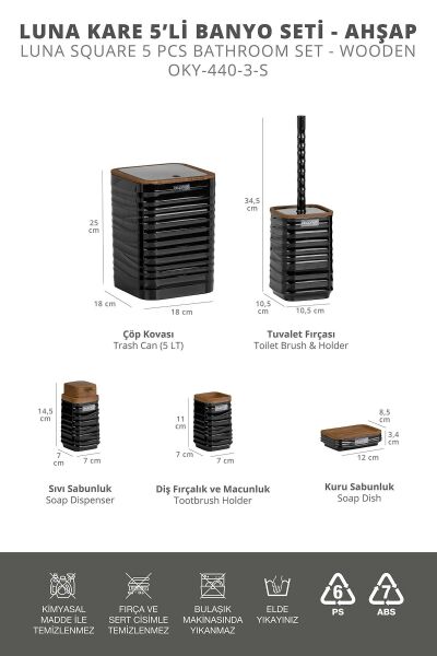 Okyanus Home Luna Siyah Ahşap Desenli Kare 5'li Banyo Seti