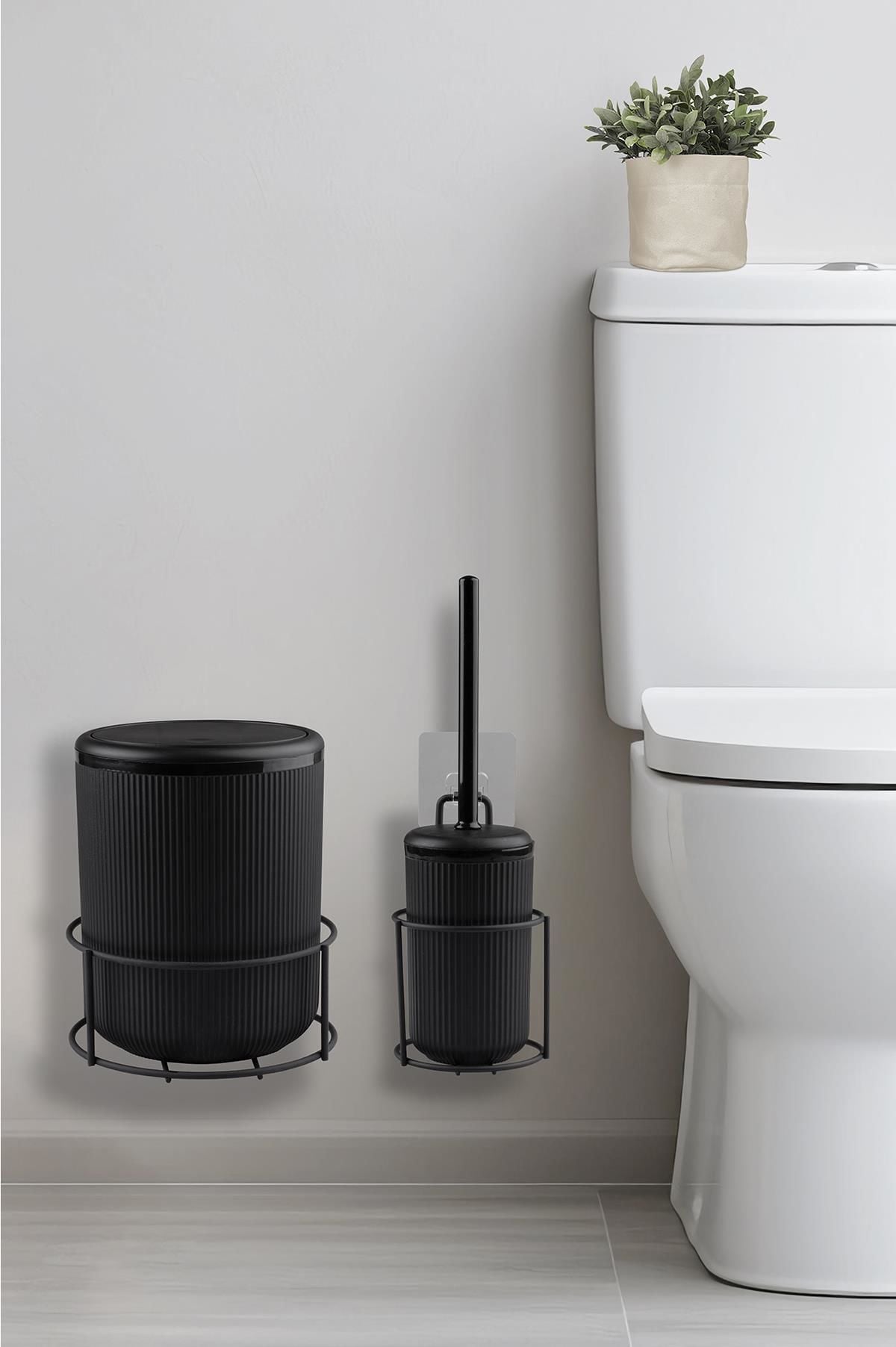 Okyanus Home Siyah Eko Magic Askılı Yuvarlak Linea 2'li Wc Kova ve Fırça Seti