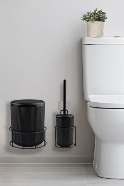 Okyanus Home Siyah Eko Magic Askılı Yuvarlak Linea 2'li Wc Kova ve Fırça Seti