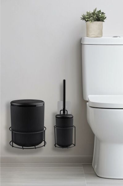 Okyanus Home Siyah Eko Magic Askılı Yuvarlak Linea 2'li Wc Kova ve Fırça Seti
