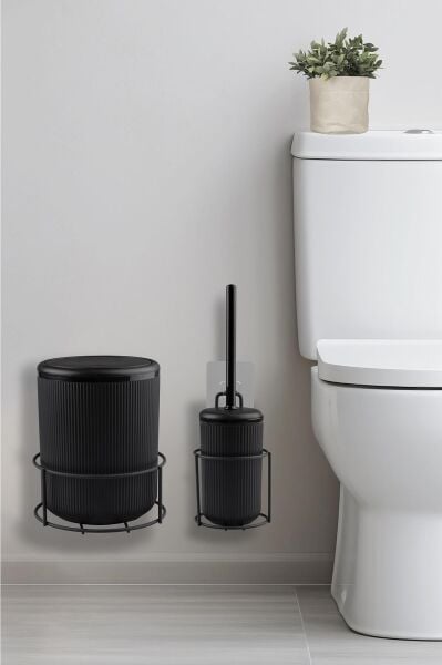 Okyanus Home Siyah Eko Magic Askılı Yuvarlak Linea 2'li Wc Kova ve Fırça Seti