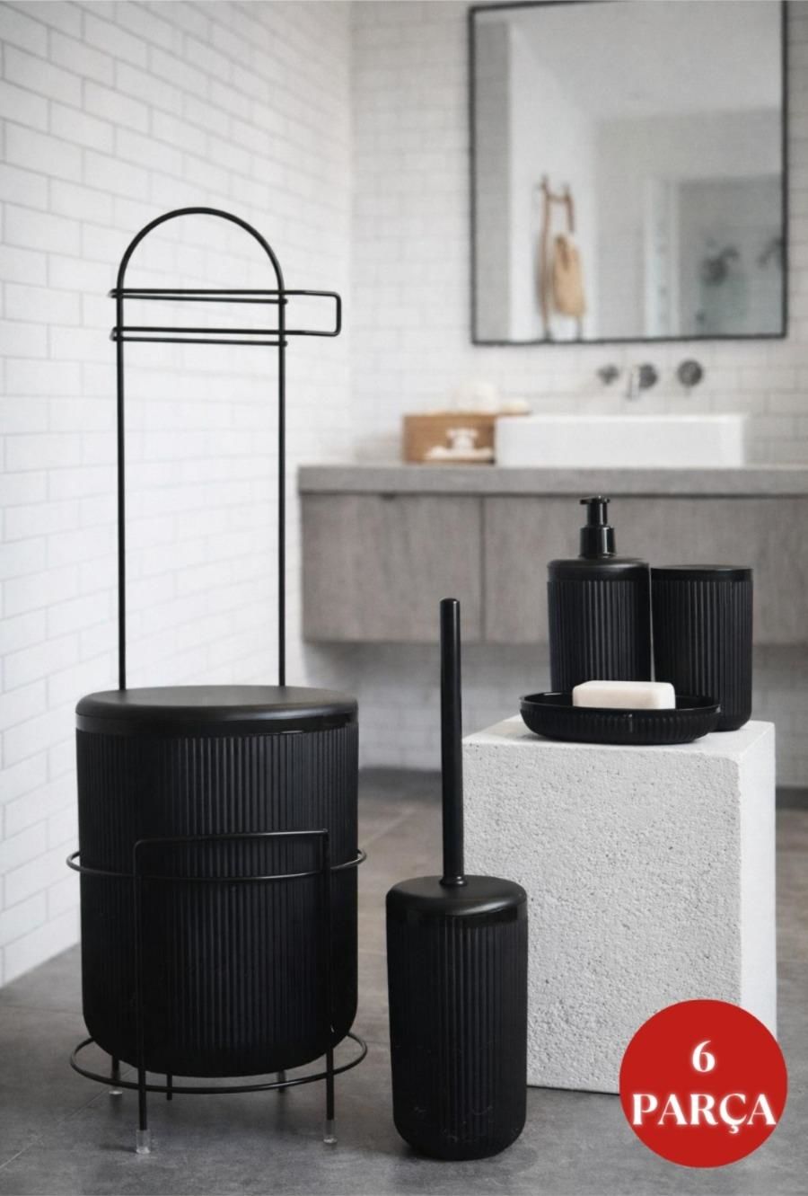 Okyanus Home Siyah Linea Yedekli Wc Kağıtlık ve 6 Parça Banyo Seti