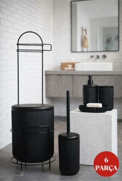 Okyanus Home Siyah Linea Yedekli Wc Kağıtlık ve 6 Parça Banyo Seti