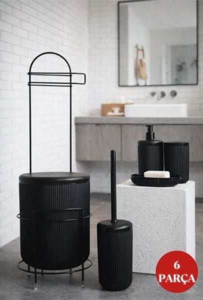 Okyanus Home Siyah Linea Yedekli Wc Kağıtlık ve 6 Parça Banyo Seti