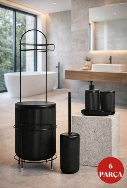 Okyanus Home Siyah Linea Yedekli Wc Kağıtlık ve 6 Parça Banyo Seti