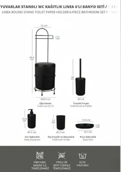 Okyanus Home Siyah Linea Yedekli Wc Kağıtlık ve 6 Parça Banyo Seti
