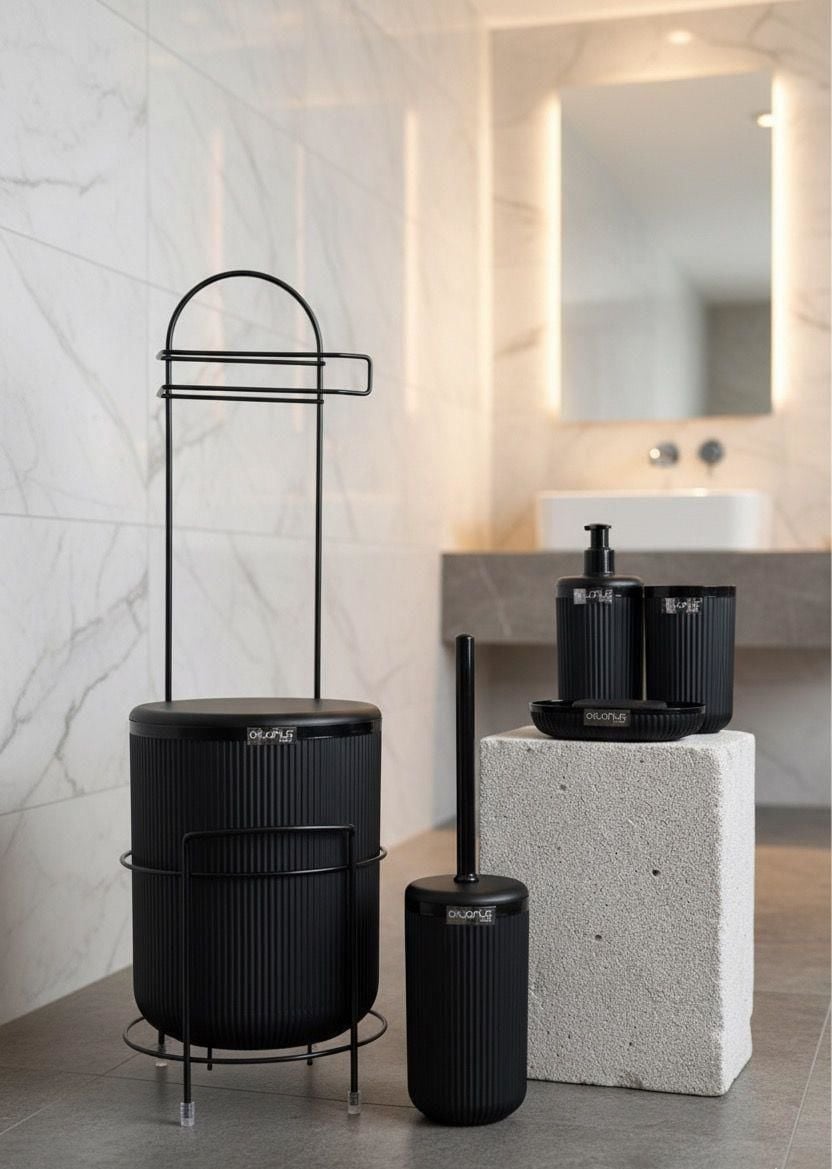 Okyanus Home Siyah Linea Yedekli Wc Kağıtlık ve 6 Parça Banyo Seti