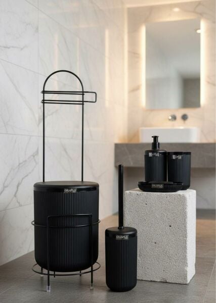 Okyanus Home Siyah Linea Yedekli Wc Kağıtlık ve 6 Parça Banyo Seti