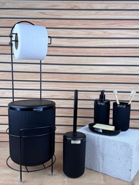 Okyanus Home Siyah Linea Yedekli Wc Kağıtlık ve 6 Parça Banyo Seti