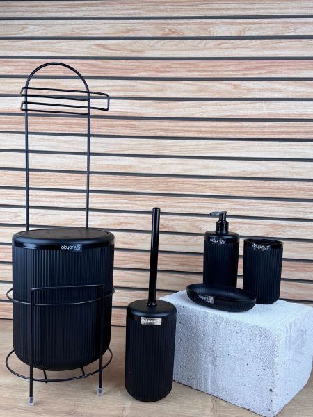 Okyanus Home Siyah Linea Yedekli Wc Kağıtlık ve 6 Parça Banyo Seti