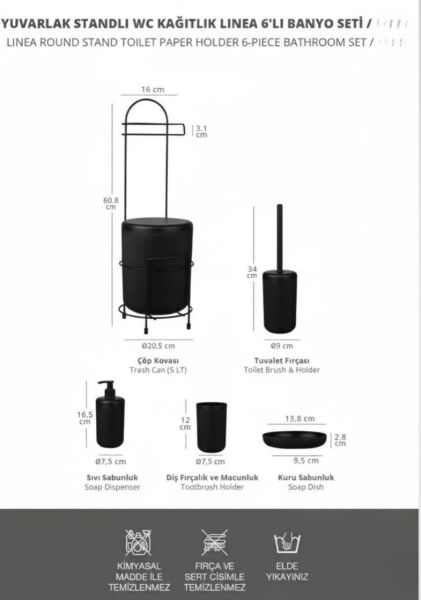 Okyanus Home Siyah Linea Yedekli Wc Kağıtlık ve 6 Parça Banyo Seti