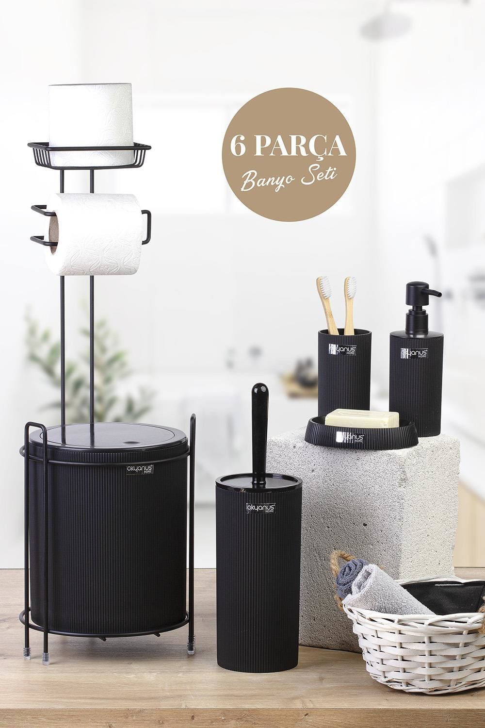 Okyanus Home Siyah Mina Yedekli Wc Kağıtlık ve 6 Parça Banyo Seti