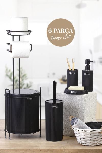 Okyanus Home Siyah Mina Yedekli Wc Kağıtlık ve 6 Parça Banyo Seti