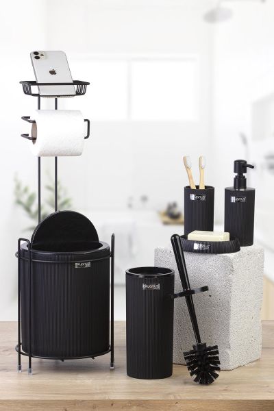Okyanus Home Siyah Mina Yedekli Wc Kağıtlık ve 6 Parça Banyo Seti
