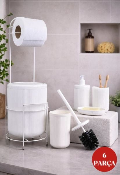 Okyanus Home Beyaz Linea Yedekli Wc Kağıtlık ve 6 Parça Banyo Seti