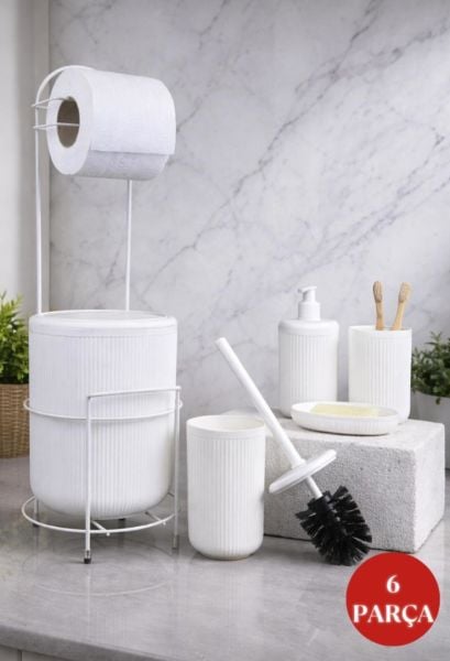Okyanus Home Beyaz Linea Yedekli Wc Kağıtlık ve 6 Parça Banyo Seti
