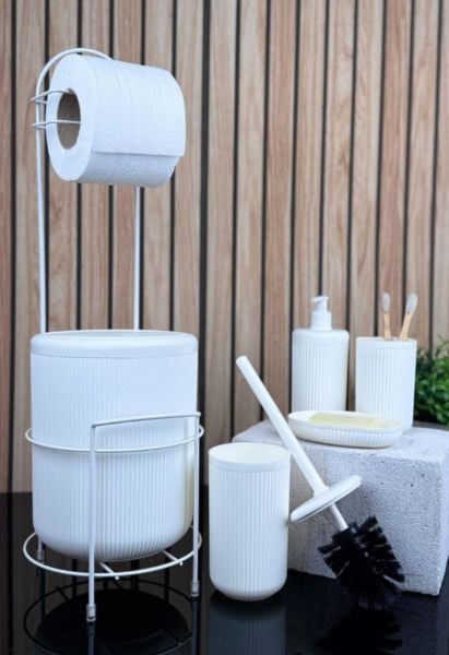 Okyanus Home Beyaz Linea Yedekli Wc Kağıtlık ve 6 Parça Banyo Seti