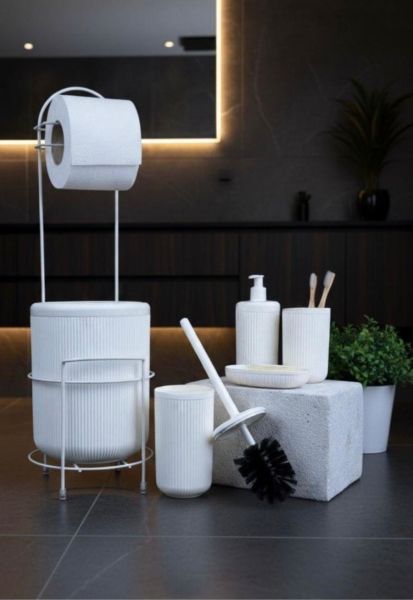 Okyanus Home Beyaz Linea Yedekli Wc Kağıtlık ve 6 Parça Banyo Seti