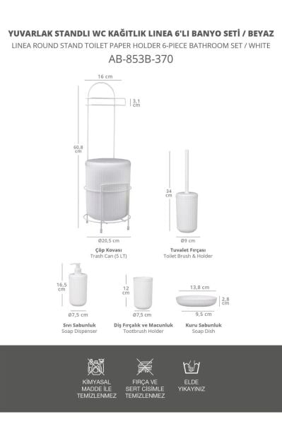 Okyanus Home Beyaz Linea Yedekli Wc Kağıtlık ve 6 Parça Banyo Seti