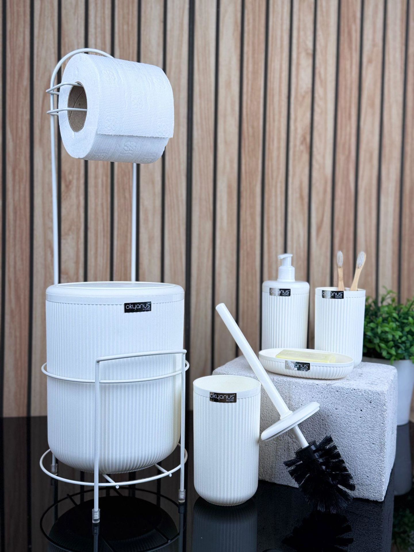 Okyanus Home Beyaz Linea Yedekli Wc Kağıtlık ve 6 Parça Banyo Seti