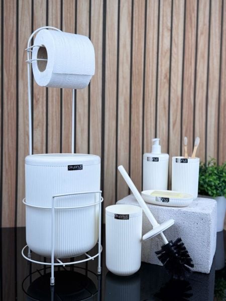 Okyanus Home Beyaz Linea Yedekli Wc Kağıtlık ve 6 Parça Banyo Seti
