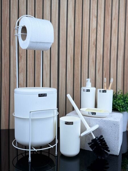 Okyanus Home Beyaz Linea Yedekli Wc Kağıtlık ve 6 Parça Banyo Seti