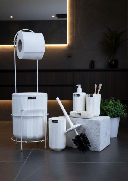 Okyanus Home Beyaz Linea Yedekli Wc Kağıtlık ve 6 Parça Banyo Seti