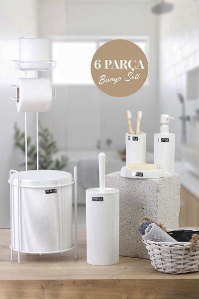 Okyanus Home Beyaz Mina Yedekli Wc Kağıtlık ve 6 Parça Banyo Seti